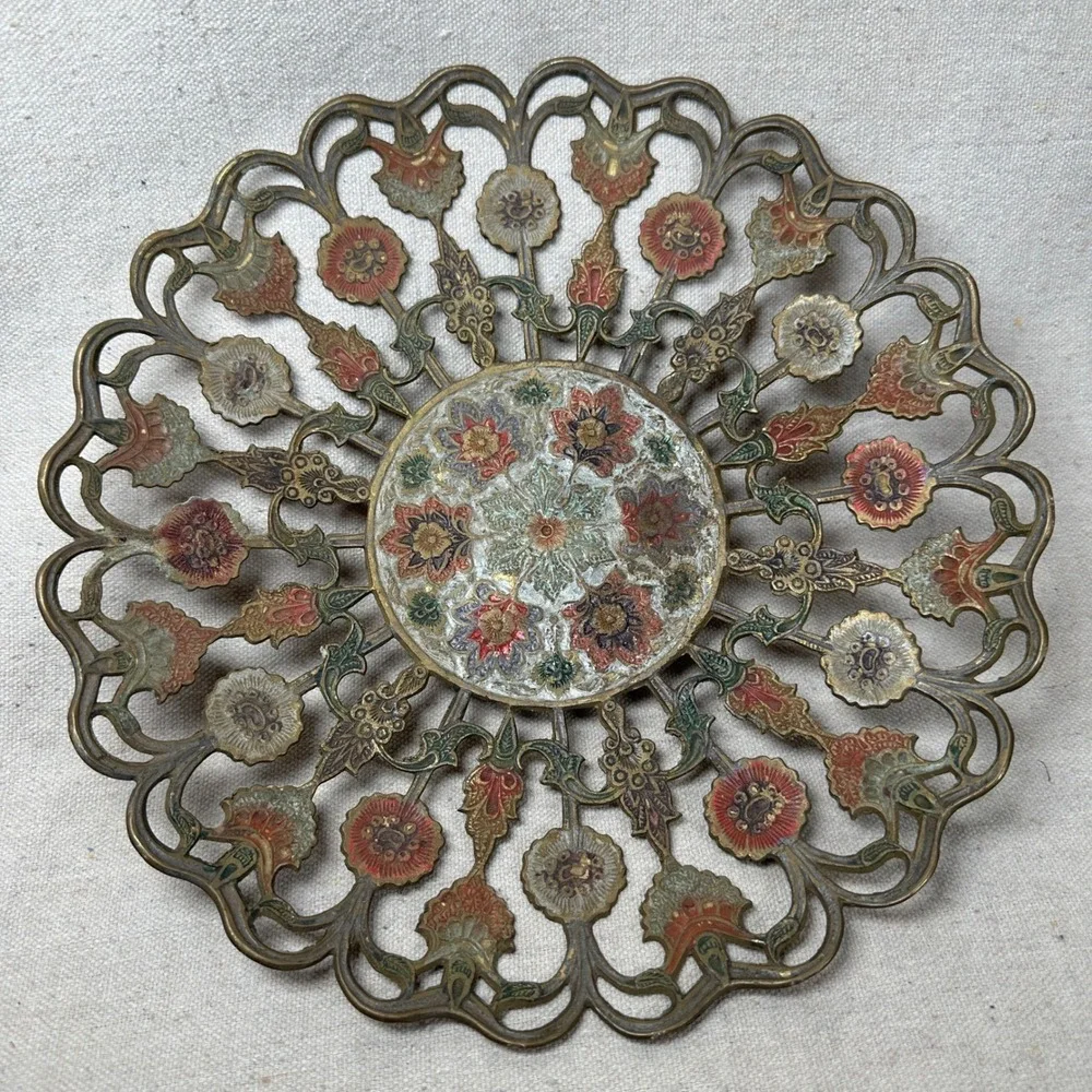 Vintage Pierced Brass Enamel Floral Mandala Bowl 11 Inch Decor Bohemian Tray